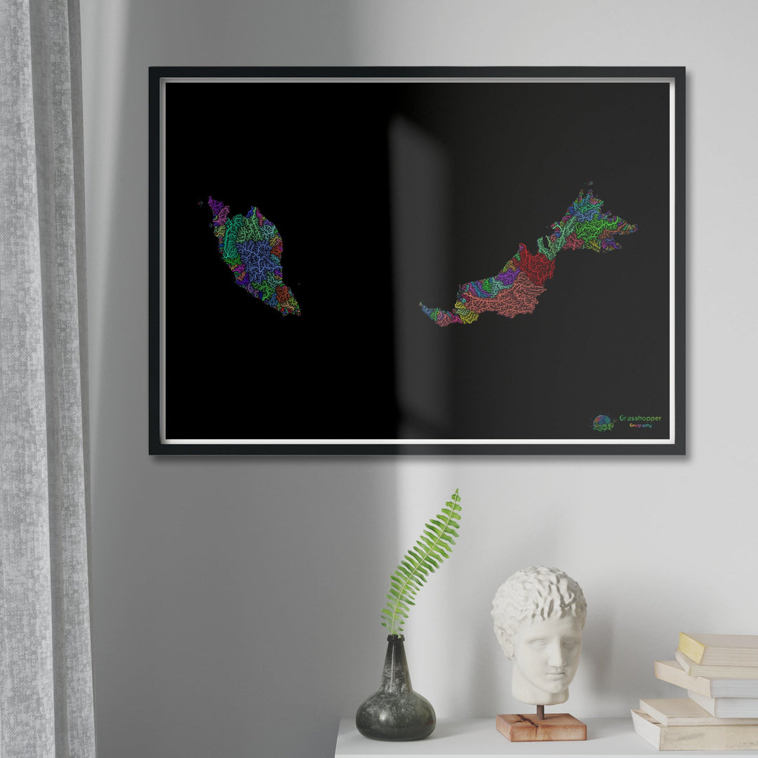 Malaysia - River basin map, rainbow on black - Fine Art Print