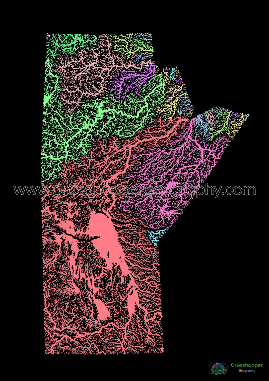 River basin map of Manitoba, pastel colours on black - Fine Art Print