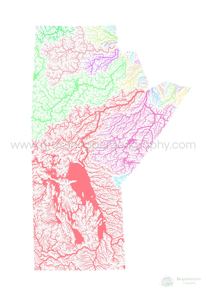River basin map of Manitoba, pastel colours on white - Fine Art Print