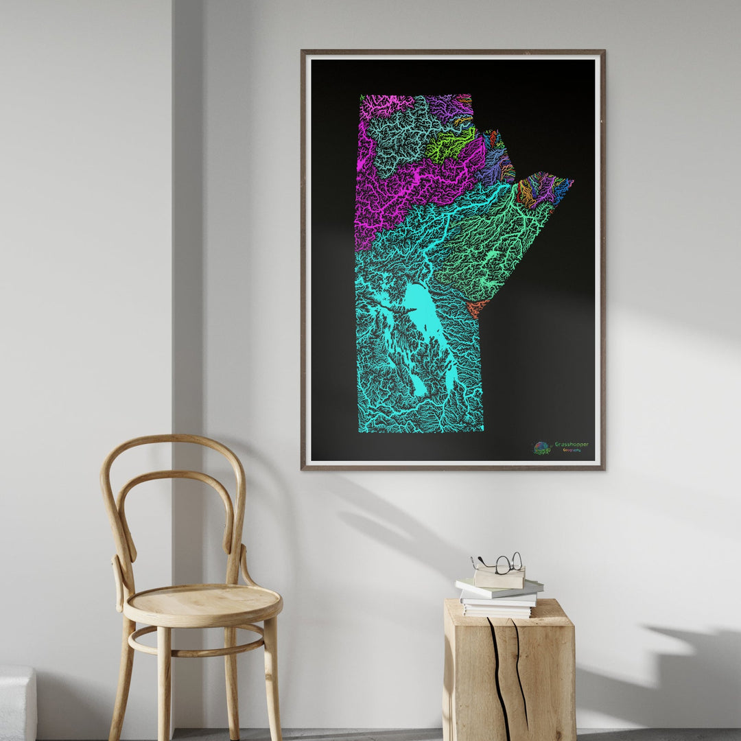 Manitoba - River basin map, rainbow on black - Fine Art Print