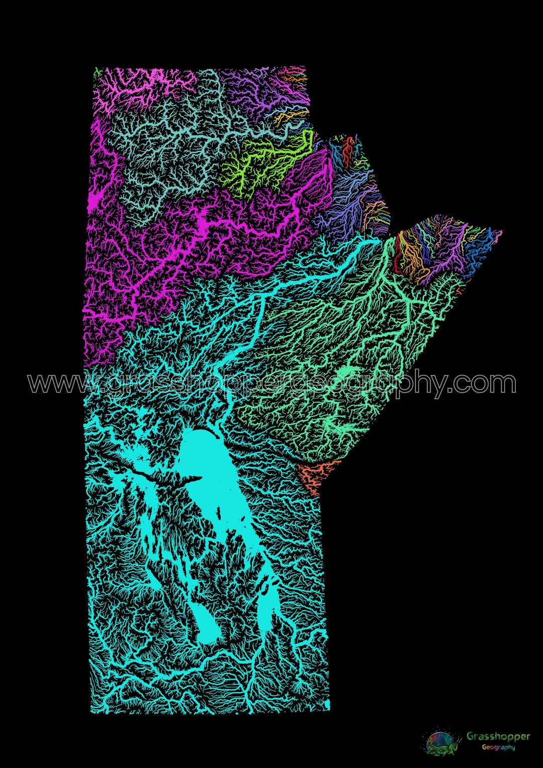 River basin map of Manitoba, rainbow colours on black - Fine Art Print