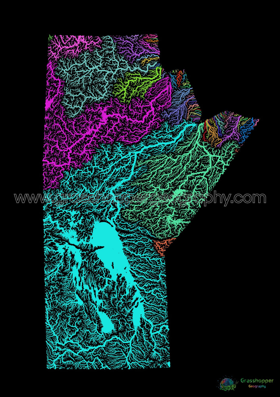 Manitoba - River basin map, rainbow on black - Fine Art Print