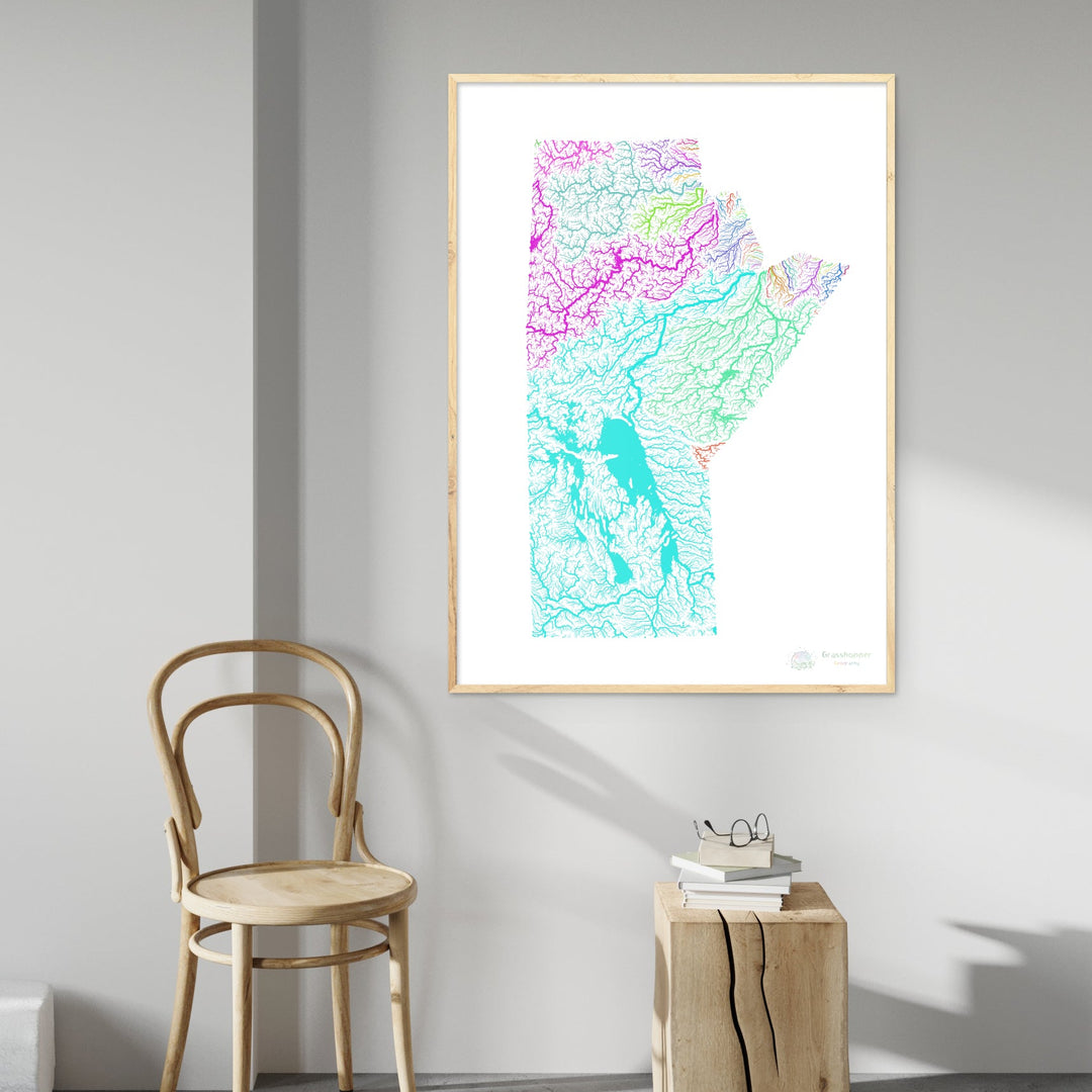 Manitoba - River basin map, rainbow on white - Fine Art Print