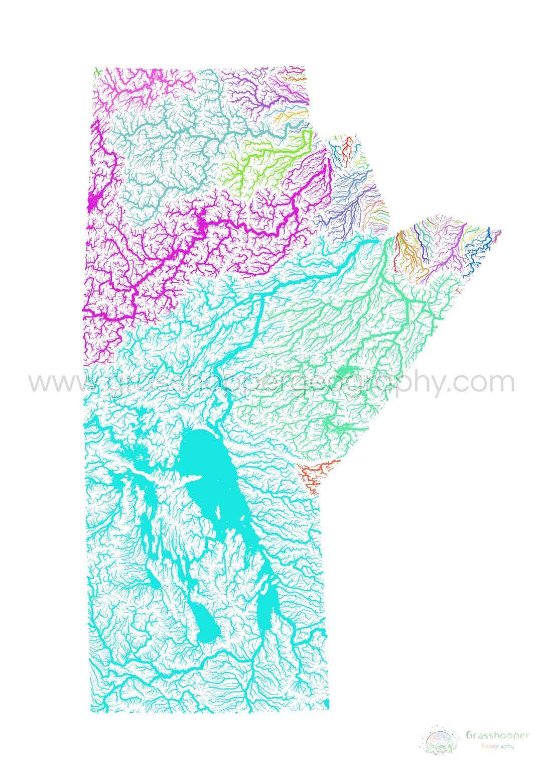Manitoba - Mapa de la cuenca del río, arco iris sobre blanco - Impresión de Bellas Artes