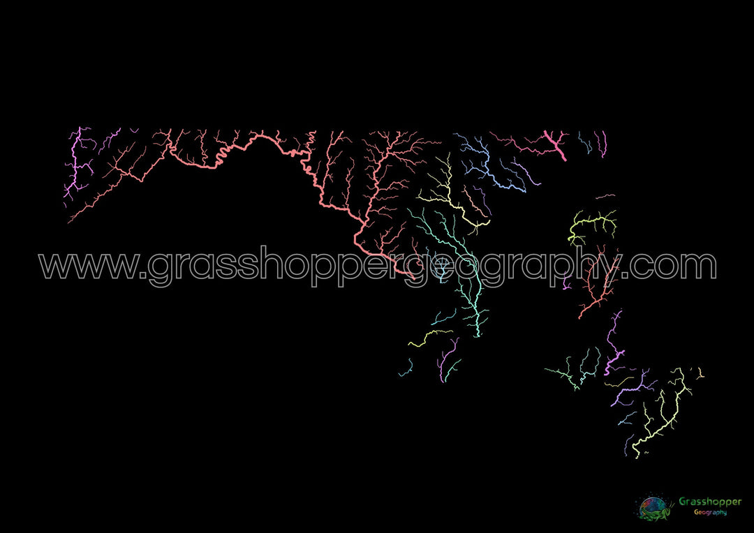 River basin map of Maryland, pastel colours on black - Fine Art Print