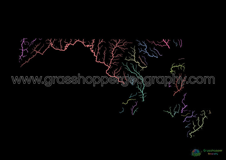 Maryland - River basin map, pastel on black - Fine Art Print