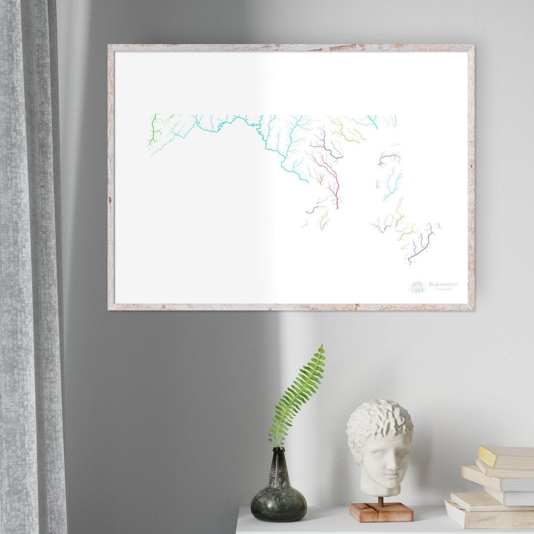River basin map of Maryland, rainbow colours on white Fine Art Print