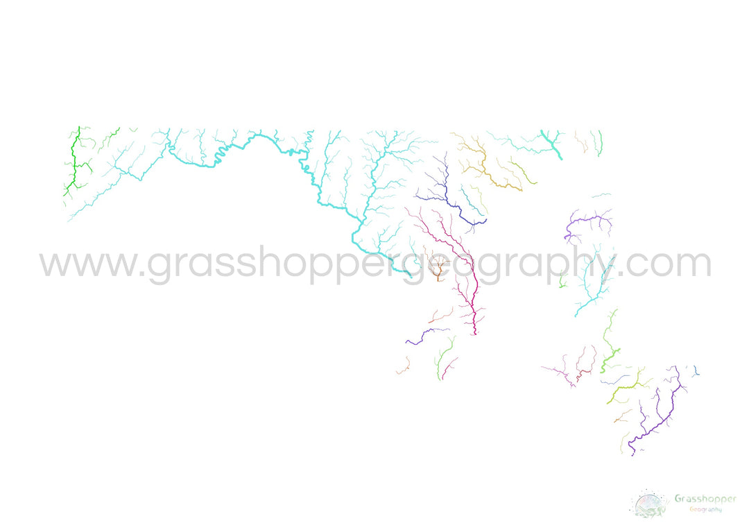 Maryland - River basin map, rainbow on white - Fine Art Print