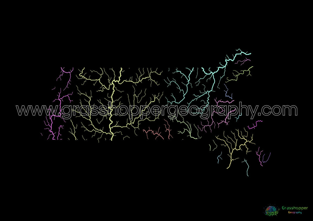 Massachusetts - Mapa de la cuenca fluvial, pastel sobre negro - Impresión de bellas artes