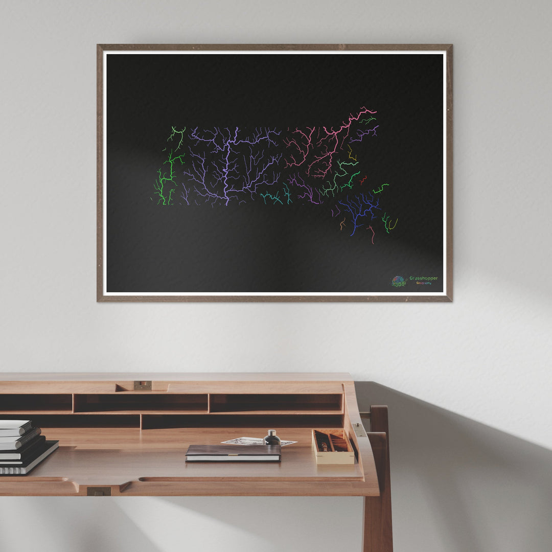 Massachusetts - River basin map, rainbow on black - Fine Art Print