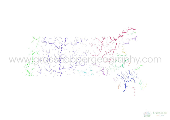River basin map of Massachusetts, rainbow colours on white Fine Art Print
