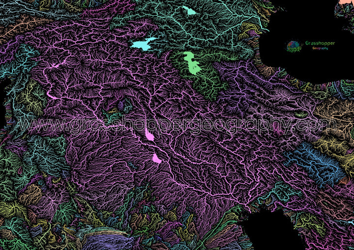 River basin map of Mesopotamia, pastel colours on black - Fine Art Print