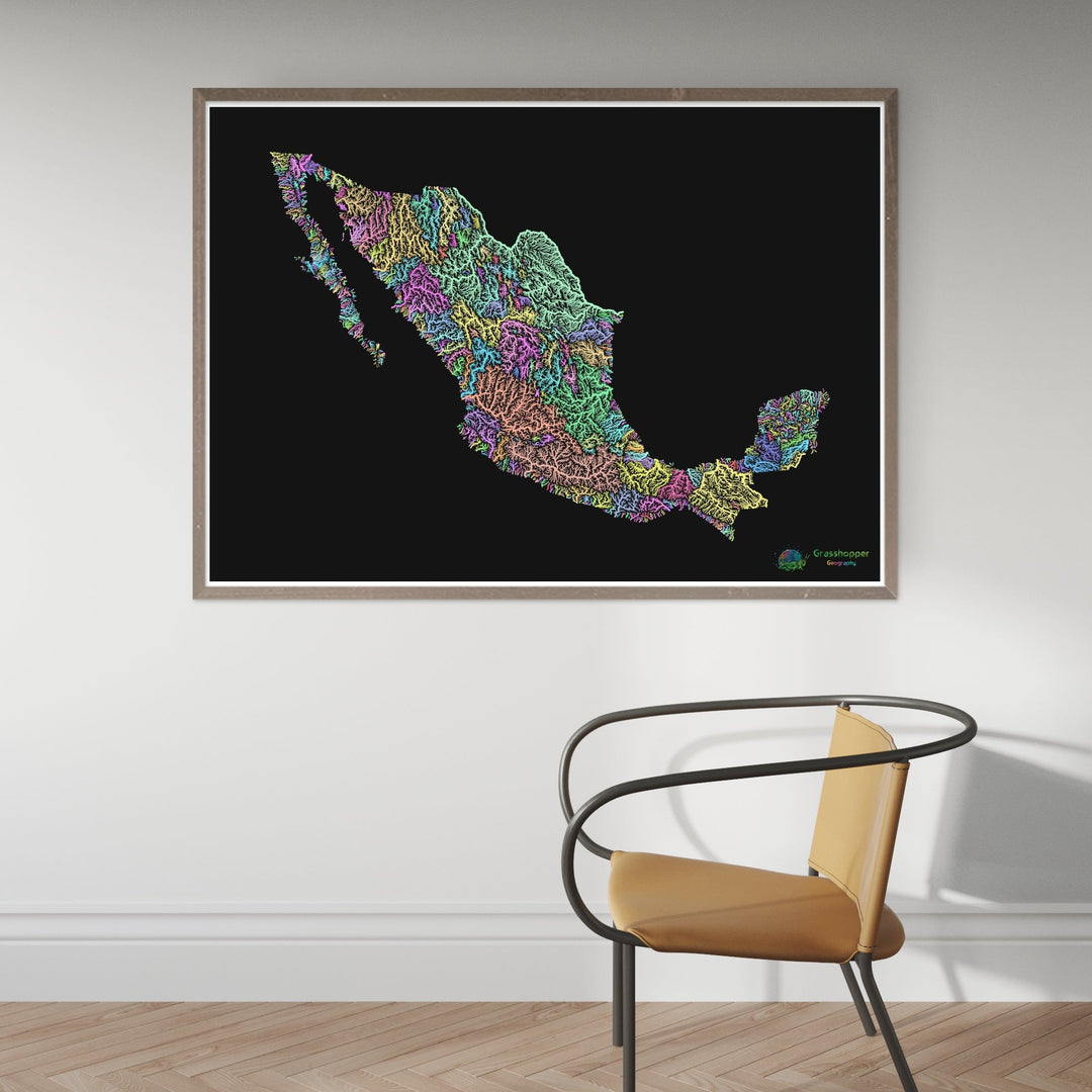 River basin map of Mexico, pastel colours on black - Fine Art Print