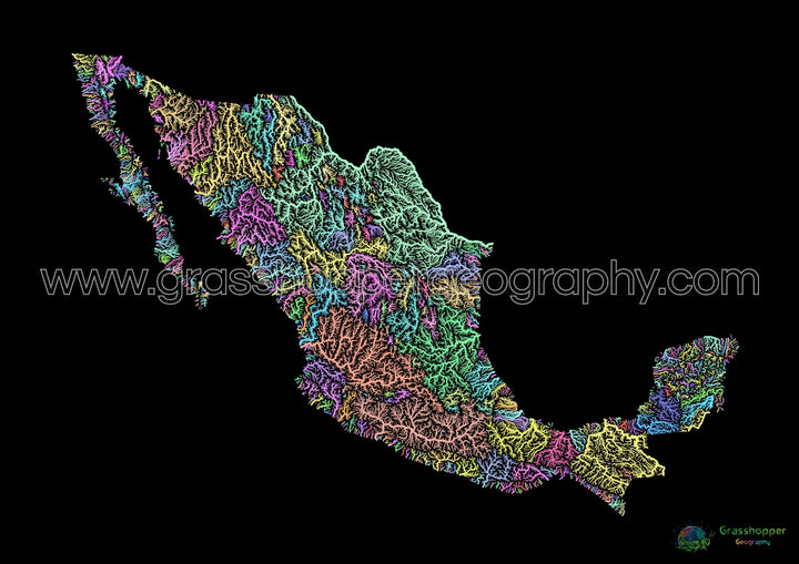 Mexico - River basin map, pastel on black - Fine Art Print