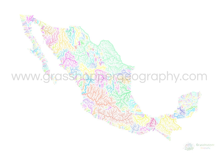 Mexico - River basin map, pastel on white - Fine Art Print