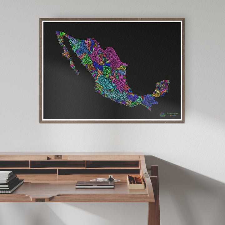 Mexique - Carte des bassins fluviaux, arc-en-ciel sur noir - Fine Art Print