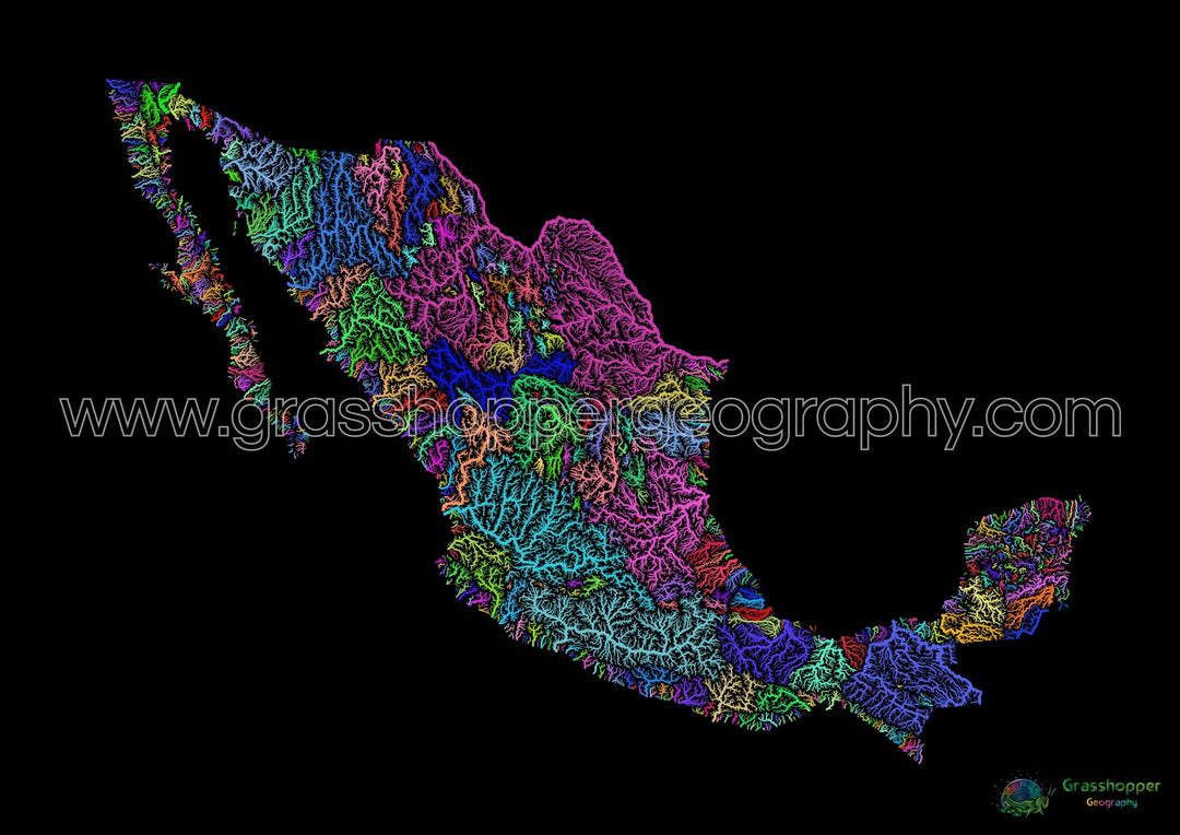 México - Mapa de cuencas fluviales, arcoíris sobre negro - Impresión de Bellas Artes