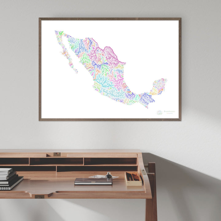 México - Mapa de cuencas fluviales, arcoíris sobre blanco - Impresión de Bellas Artes