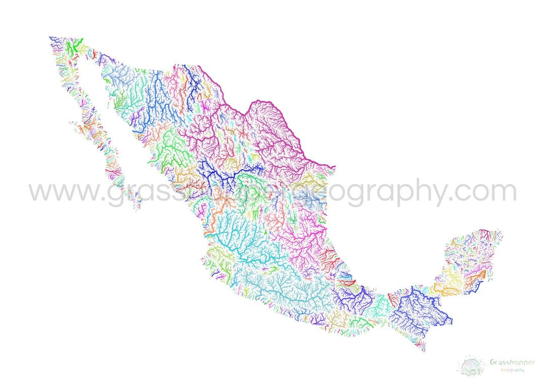 Mexico - River basin map, rainbow on white - Fine Art Print