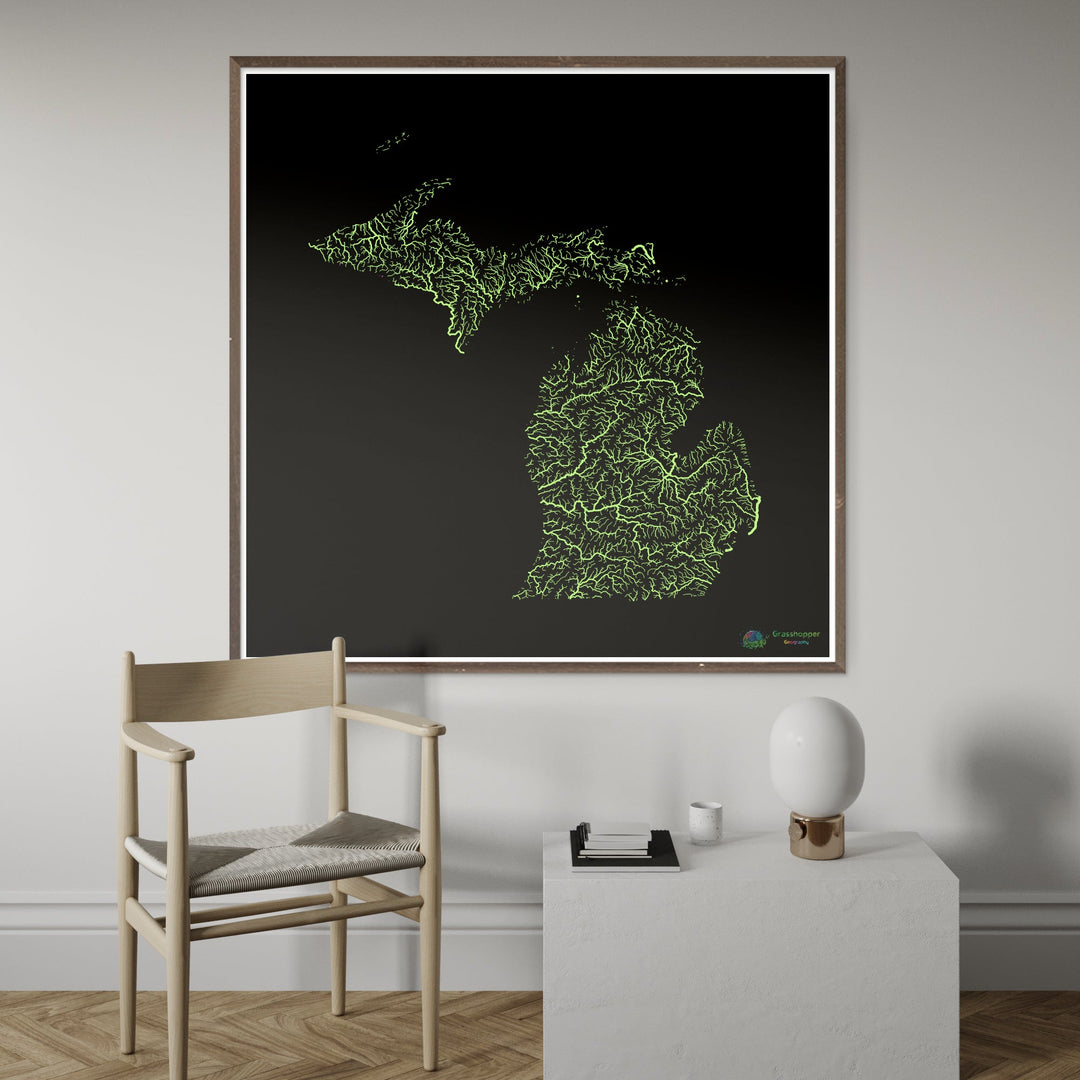 Michigan - Carte du bassin fluvial, pastel sur noir - Fine Art Print
