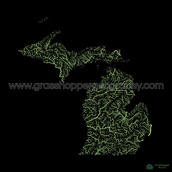 River basin map of Michigan, pastel colours on black - Fine Art Print