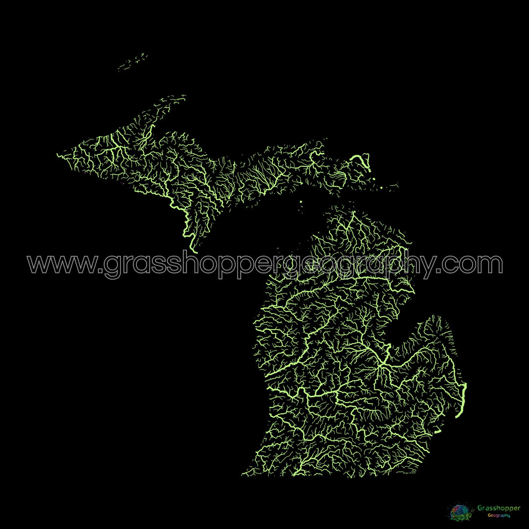Michigan - Carte du bassin fluvial, pastel sur noir - Fine Art Print