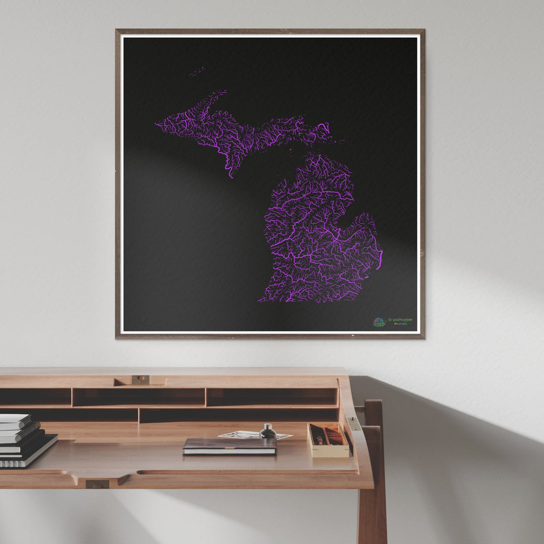 Michigan - Carte du bassin fluvial, arc-en-ciel sur noir - Fine Art Print