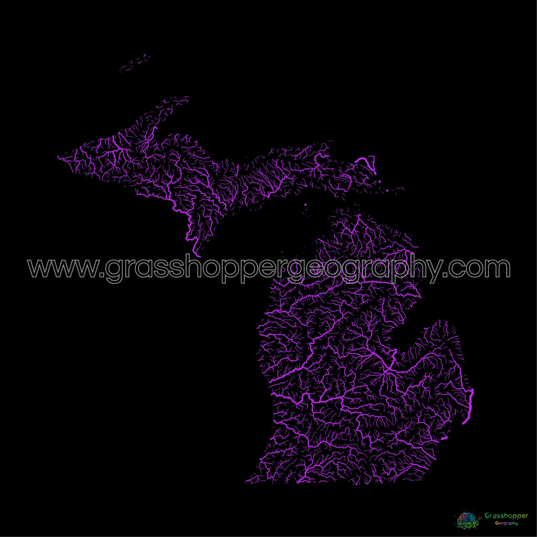 Michigan - Mapa de la cuenca fluvial, arco iris sobre negro - Impresión de bellas artes