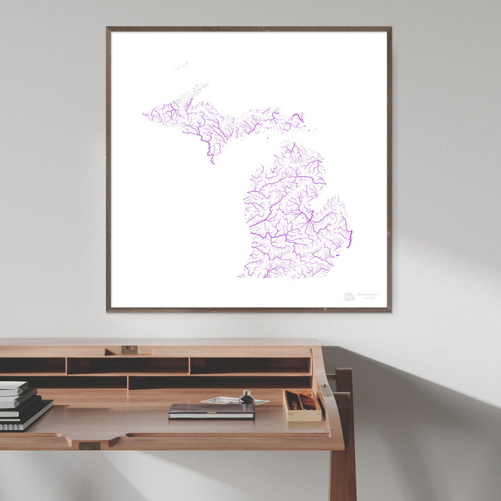 Michigan - Carte du bassin fluvial, arc-en-ciel sur blanc - Fine Art Print