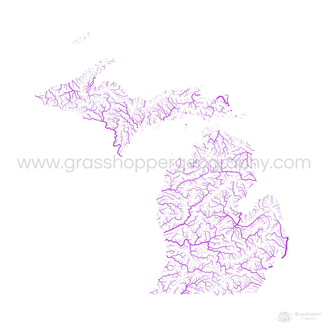 Michigan - River basin map, rainbow on white - Fine Art Print