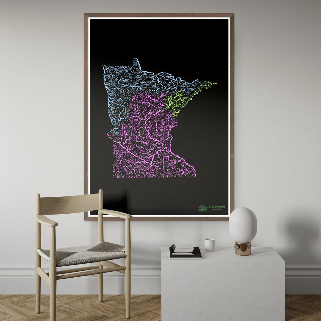 Minnesota - Carte du bassin fluvial, pastel sur noir - Fine Art Print