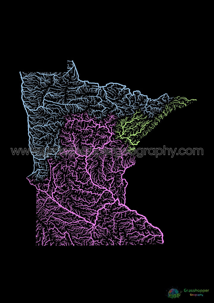 Minnesota - Mapa de la cuenca fluvial, pastel sobre negro - Impresión de bellas artes