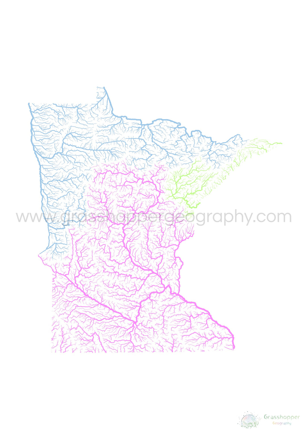 River basin map of Minnesota, pastel colours on white - Fine Art Print