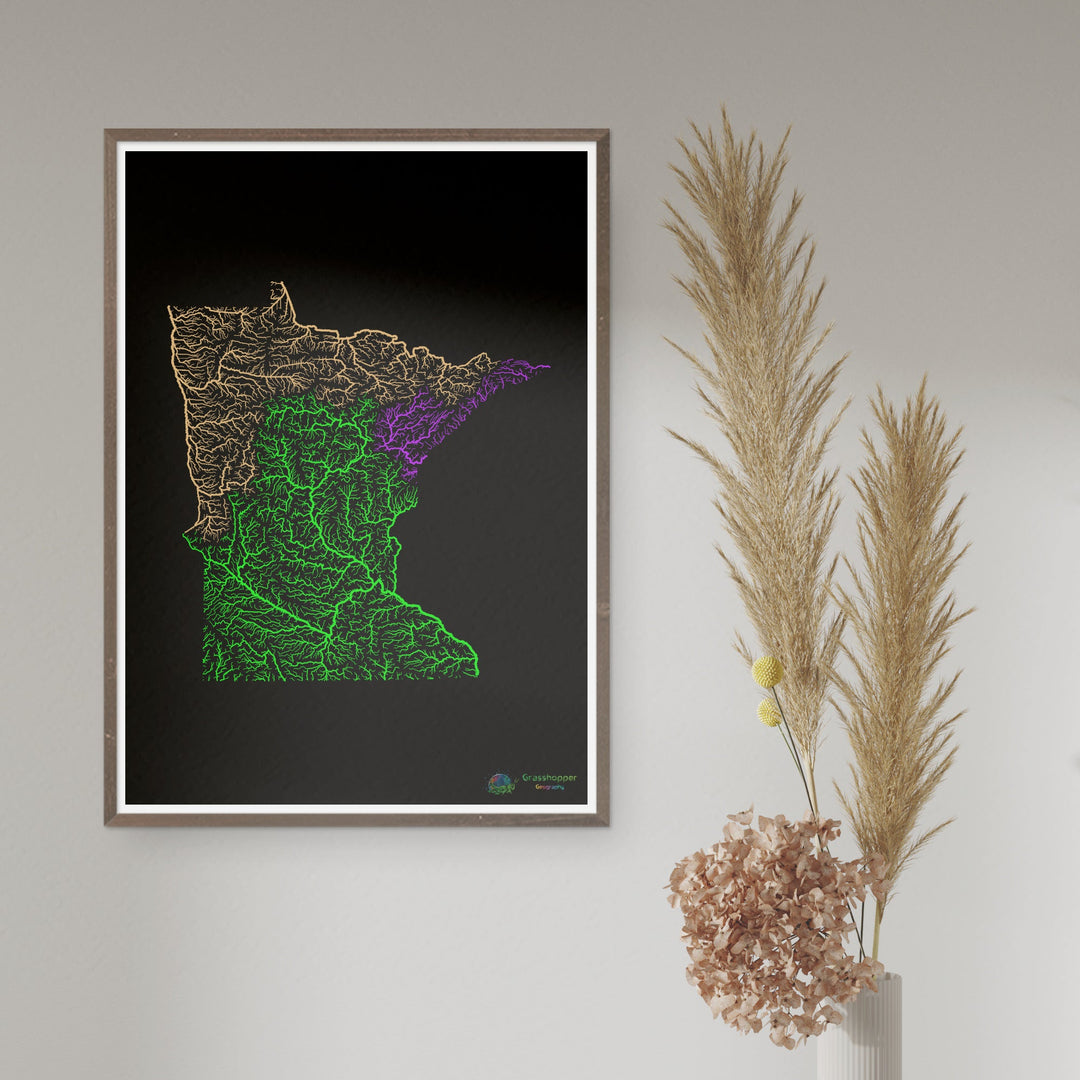 Minnesota - Carte du bassin fluvial, arc-en-ciel sur noir - Fine Art Print