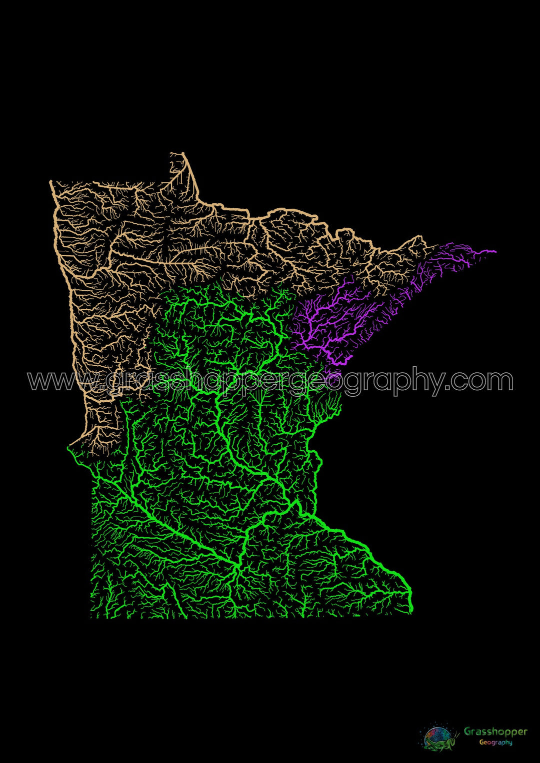 Minnesota - Carte du bassin fluvial, arc-en-ciel sur noir - Fine Art Print