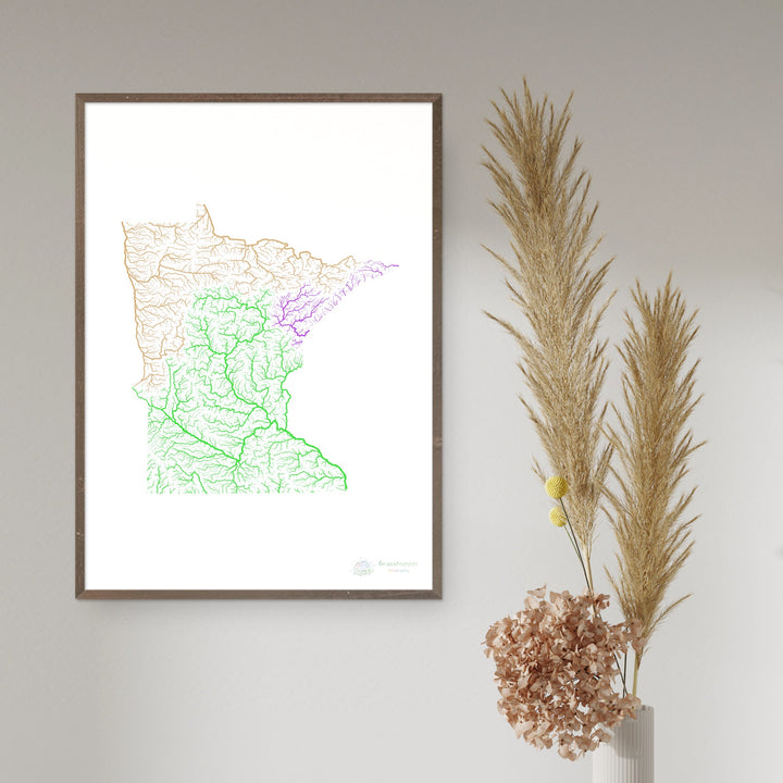 River basin map of Minnesota, rainbow colours on white Fine Art Print