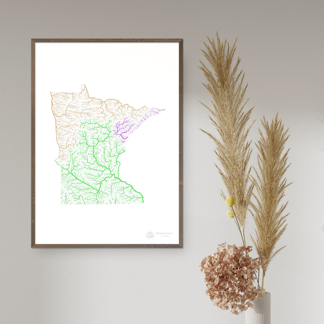Minnesota - Carte du bassin fluvial, arc-en-ciel sur blanc - Fine Art Print