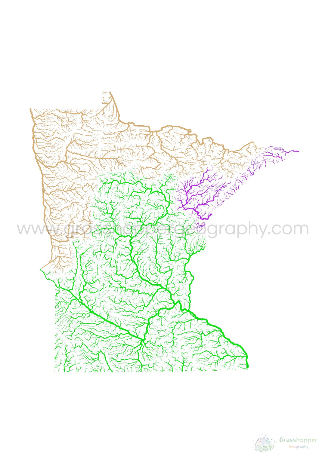 Minnesota - Mapa de la cuenca fluvial, arco iris sobre blanco - Impresión de Bellas Artes