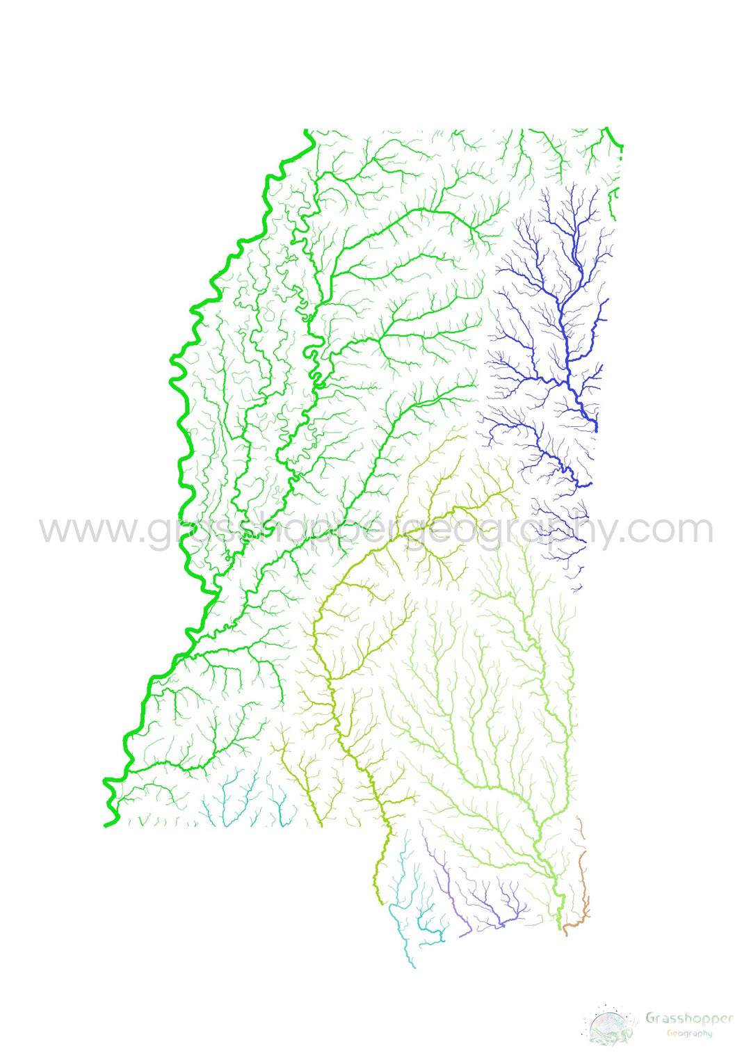 River basin map of Mississippi, rainbow colours on white Fine Art Print