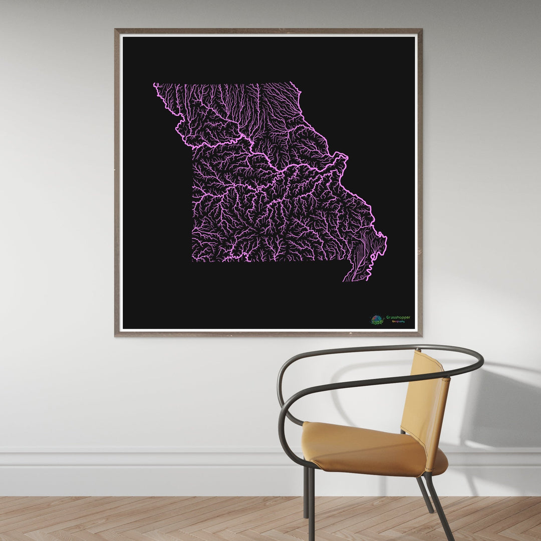 River basin map of Missouri, pastel colours on black - Fine Art Print
