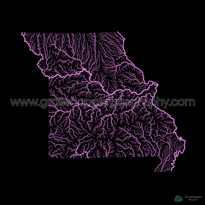 River basin map of Missouri, pastel colours on black - Fine Art Print