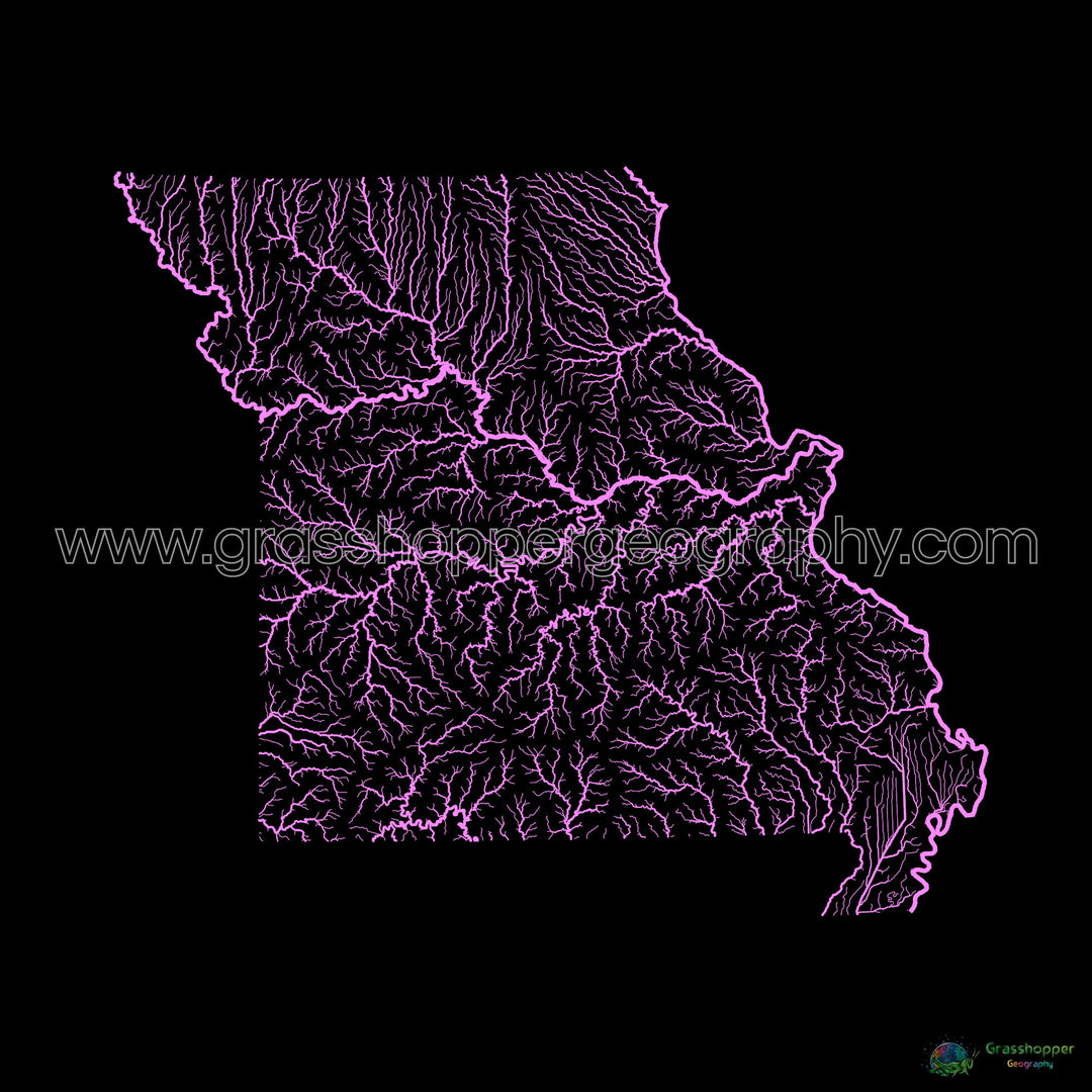 Missouri - River basin map, pastel on black - Fine Art Print