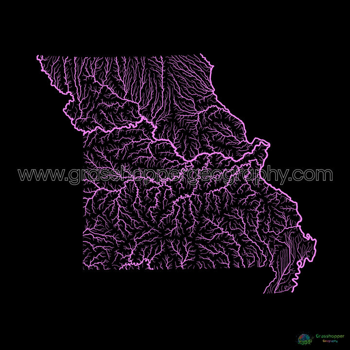 Missouri - River basin map, pastel on black - Fine Art Print