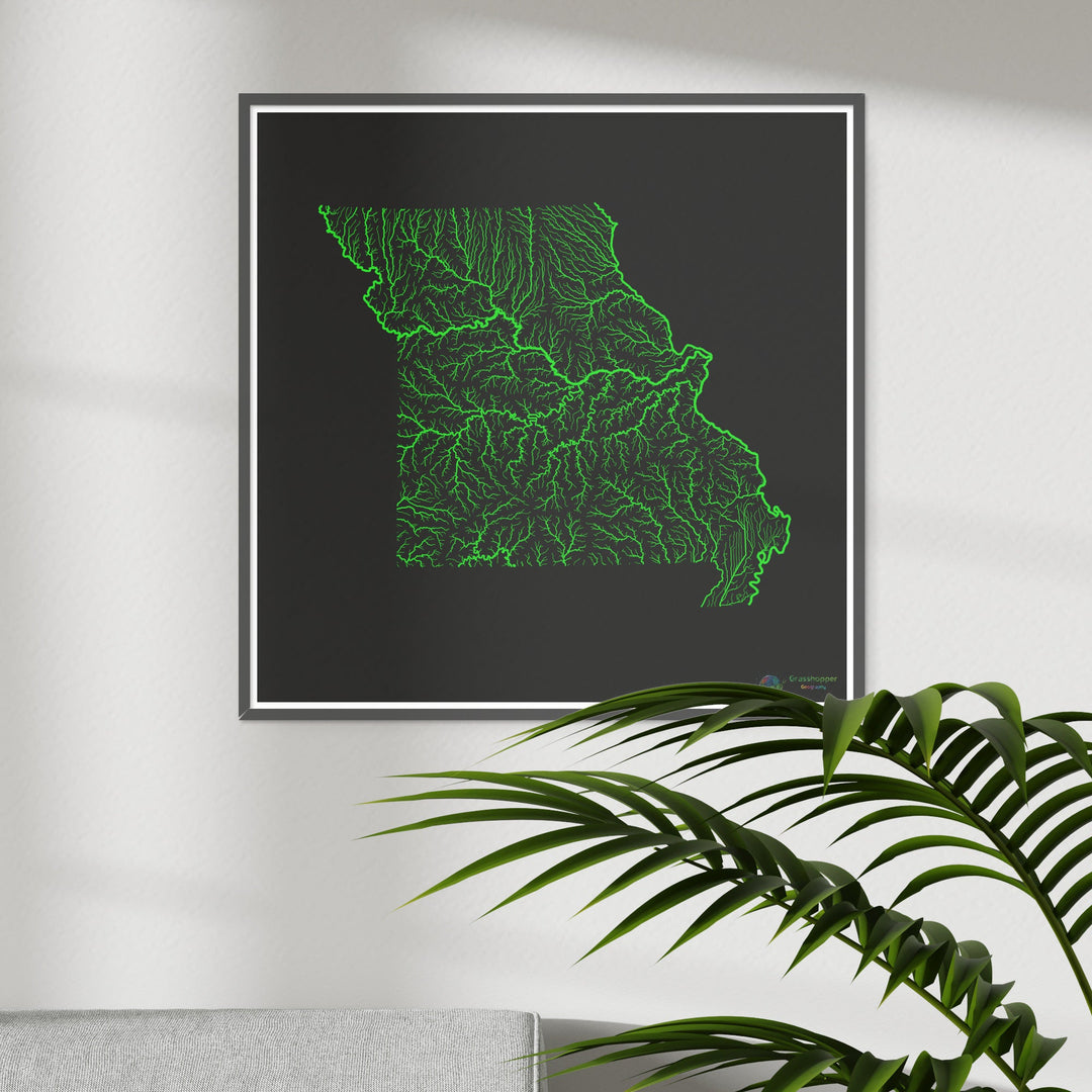 Missouri - Carte du bassin fluvial, arc-en-ciel sur noir - Fine Art Print