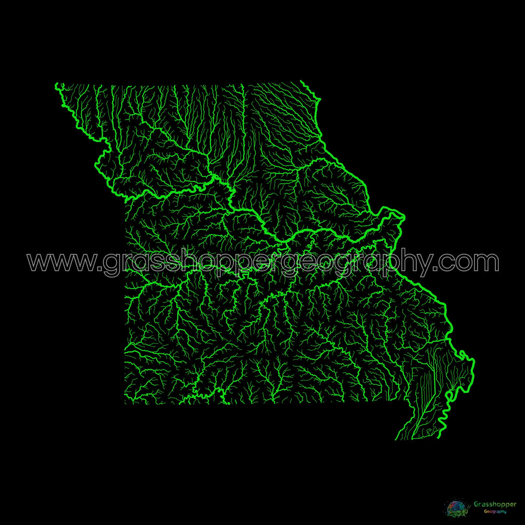 Missouri - Mapa de la cuenca fluvial, arco iris sobre negro - Impresión de bellas artes