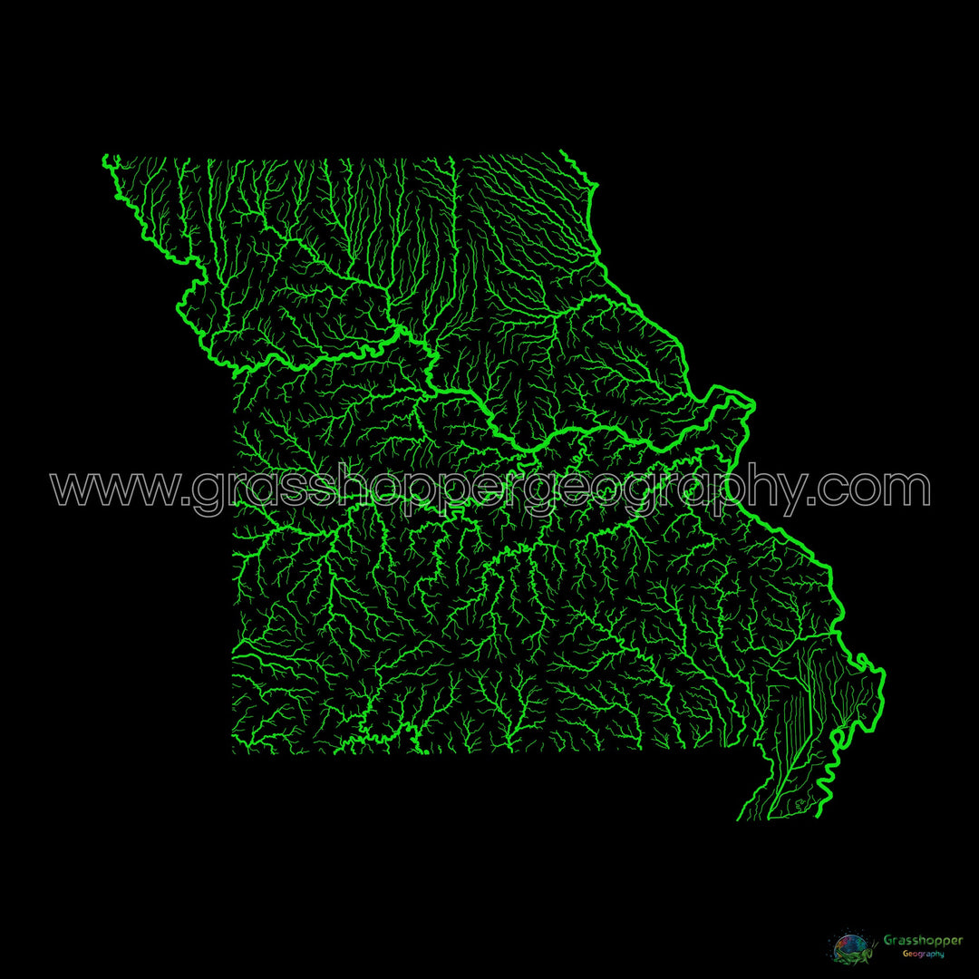 Missouri - River basin map, rainbow on black - Fine Art Print