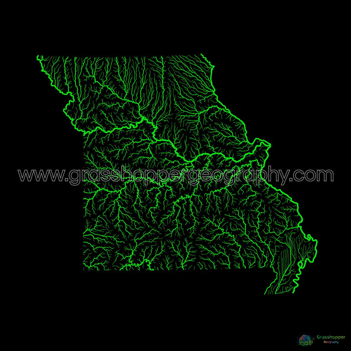 Missouri - Carte du bassin fluvial, arc-en-ciel sur noir - Fine Art Print