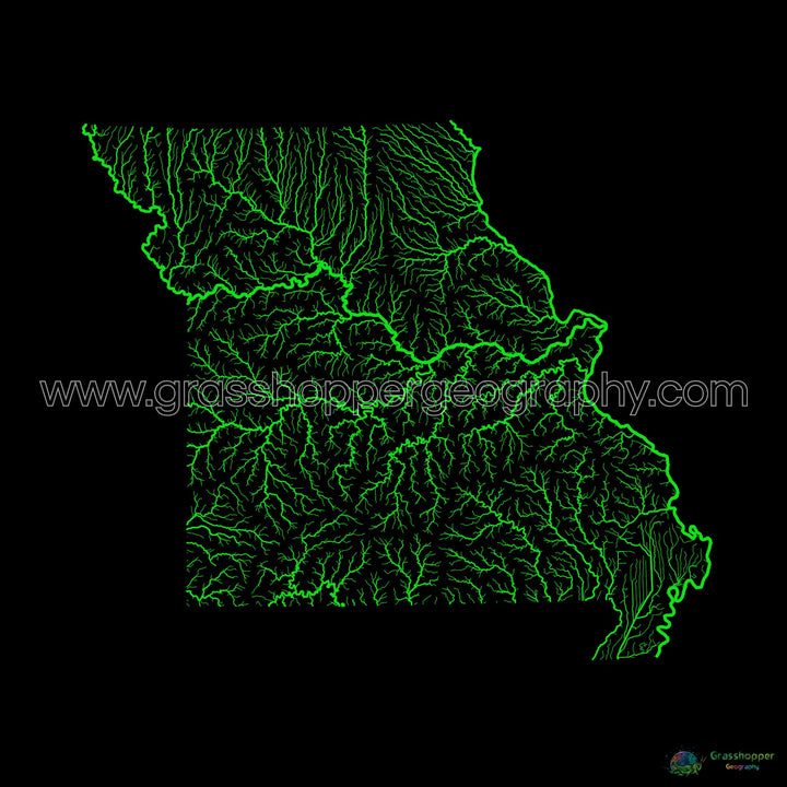 Missouri - Mapa de la cuenca fluvial, arco iris sobre negro - Impresión de bellas artes