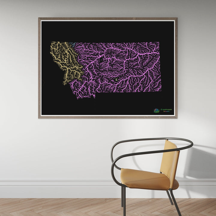 Montana - River basin map, pastel on black - Fine Art Print