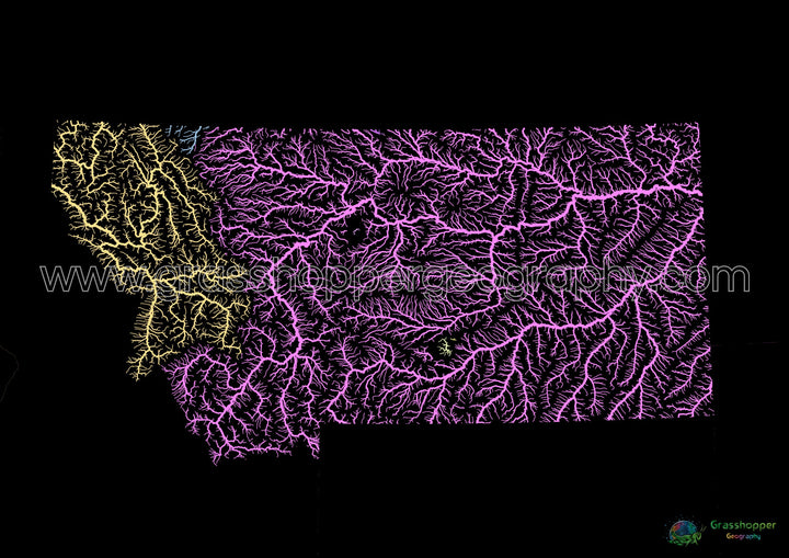 Montana - River basin map, pastel on black - Fine Art Print